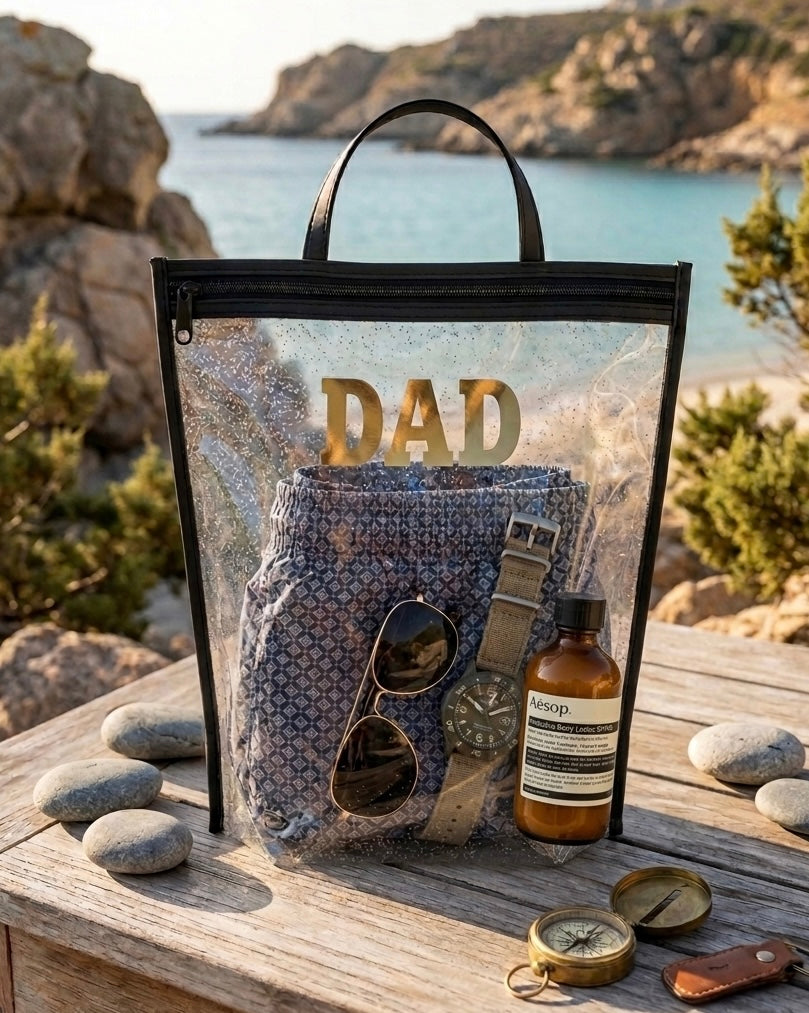 Personalized Clear Beach Bag with Custom Name Foil | Waterproof Family Travel Pouch & Wet Bag Organiser (30x40x6 cm)