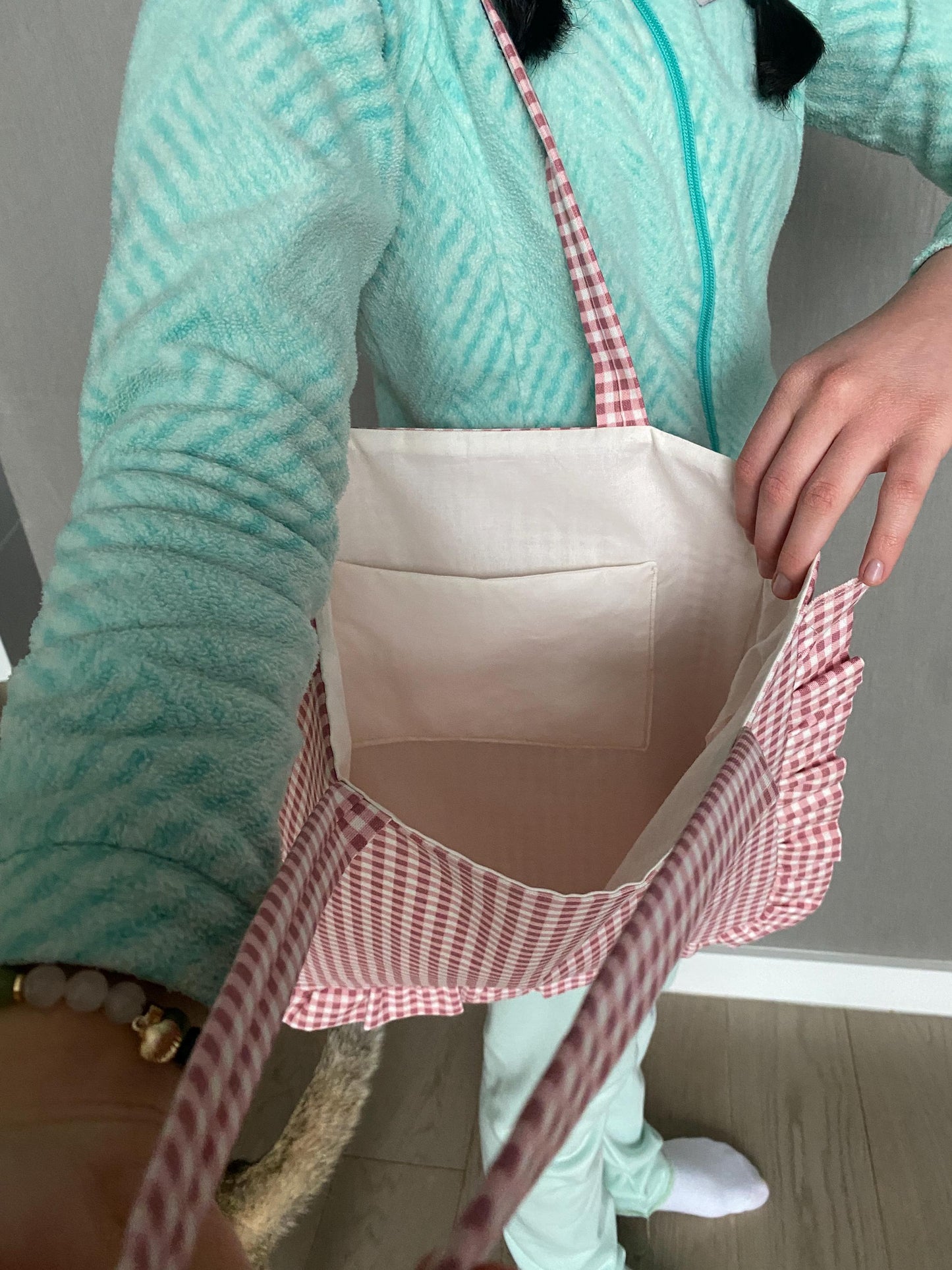 Handmade Pink Gingham Checkered Bow Bag Ruffle Large Tote Bag for Beach Organic Linen Big Bag for Book Lover Cute Adorable Pink Bow Ribbon