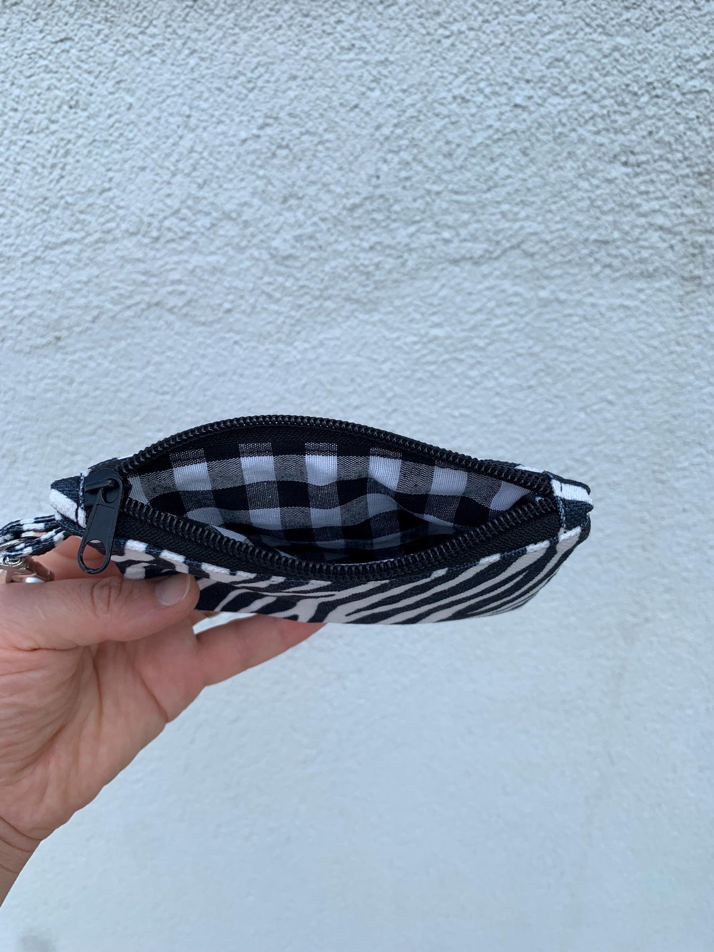 Handmade Zebra Print Zipper Pouch, Gingham Lined Mini Pouch