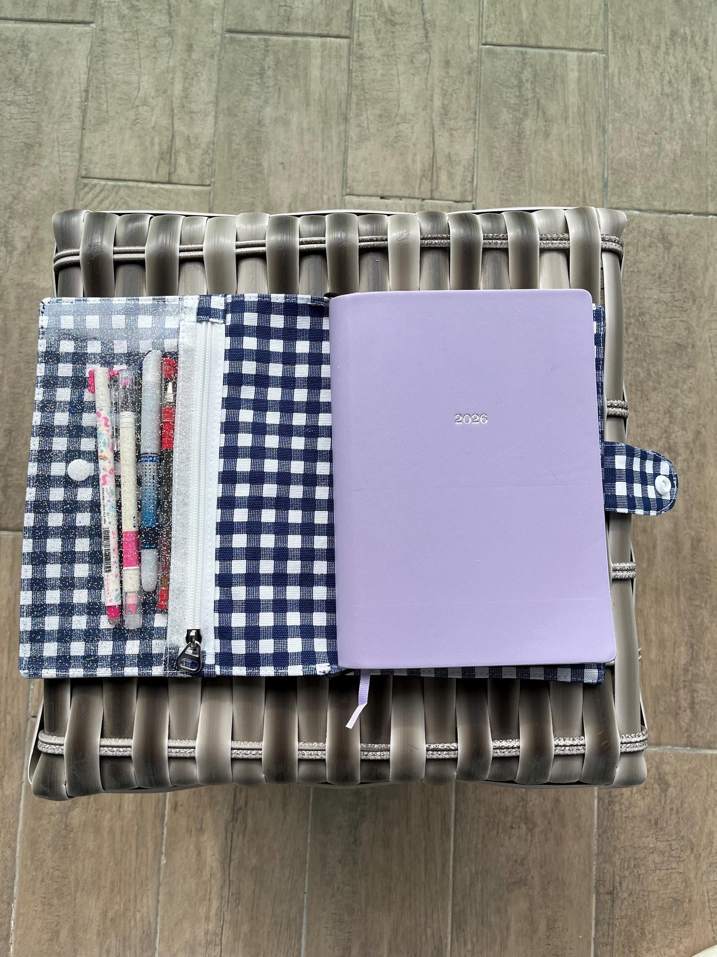 Personalized Vegan Leather Journal Cover: Reversible Blue Gingham Planner Sleeve, Custom Silver Initials Agenda Bag