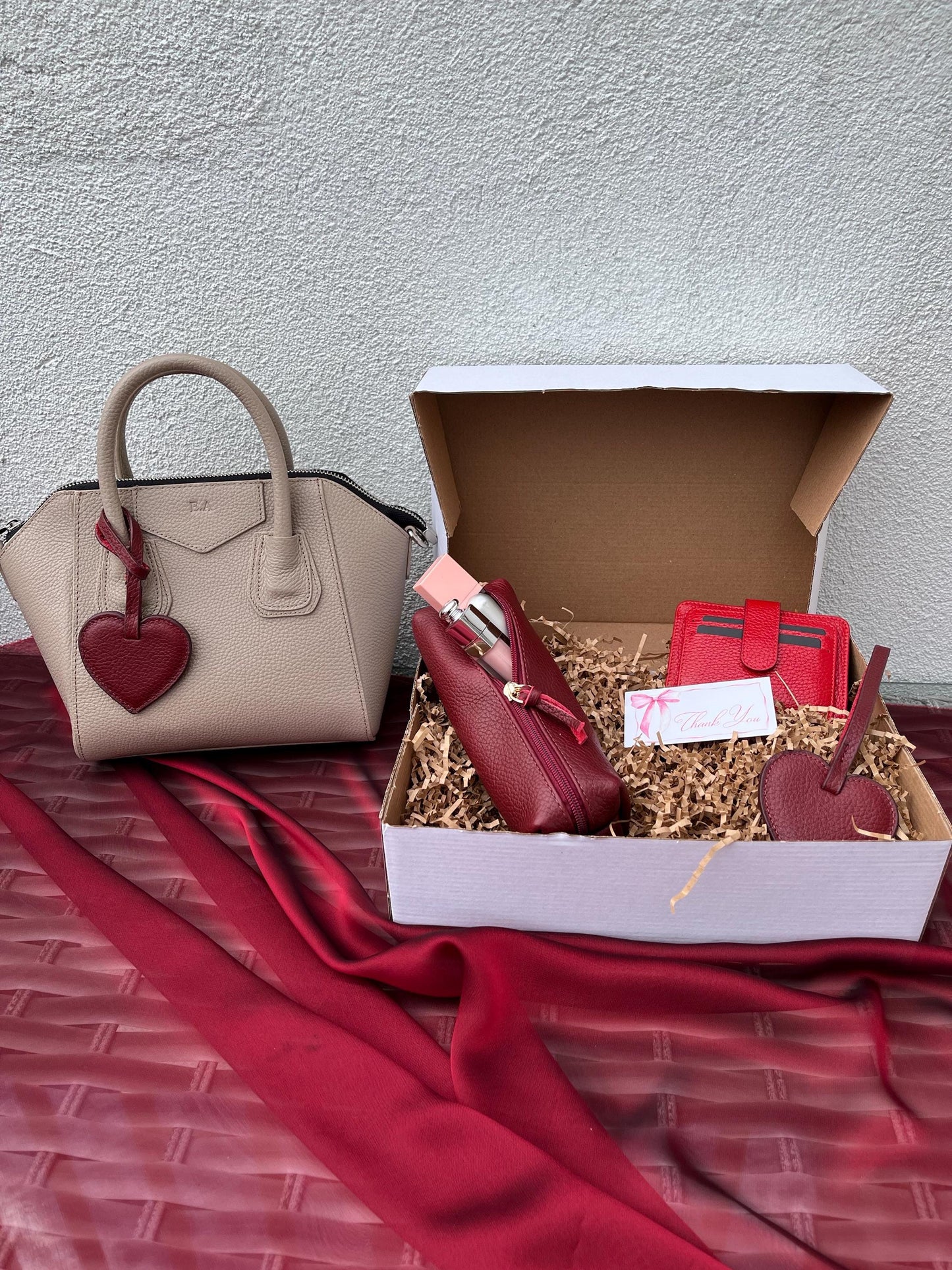 Personalized Gift for Mom : 5 Pcs Genuine Leather Burgundy Set, Custom Name Genuine Leather Gift Set for Mother's Day