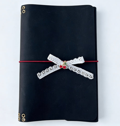 Personalized Black Genuine Leather A5 Journal Cover with Lace Bow, Planner Sleeve, Custom Initials Agenda Bag