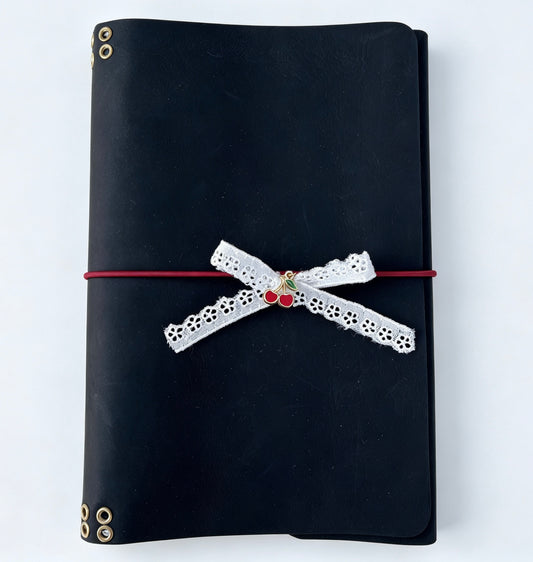 Personalized Black Genuine Leather A5 Journal Cover with Lace Bow, Planner Sleeve, Custom Initials Agenda Bag
