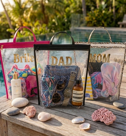 Personalized Clear Beach Bag with Custom Name Foil | Waterproof Family Travel Pouch & Wet Bag Organiser (30x40x6 cm)