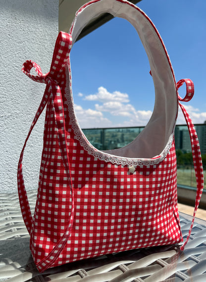 Custom Handmade Red Gingham Bow Hobo Bag with Lace