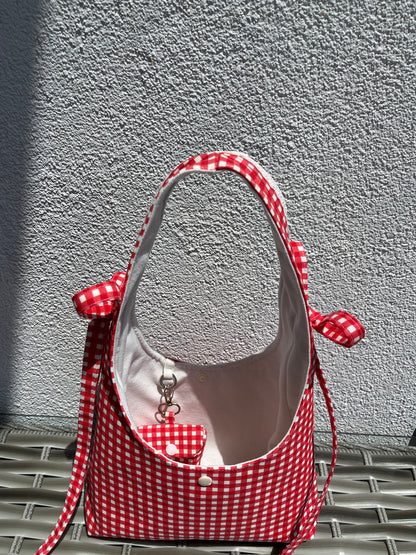 Custom Handmade Red Gingham Bow Hobo Bag with Lace