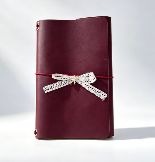 Personalized Burgundy Genuine Leather A5 Journal Cover with Lace Bow, Planner Sleeve, Custom Initials Agenda Bag