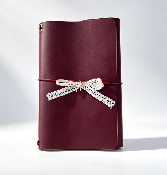Personalized Burgundy Genuine Leather A5 Journal Cover with Lace Bow, Planner Sleeve, Custom Initials Agenda Bag