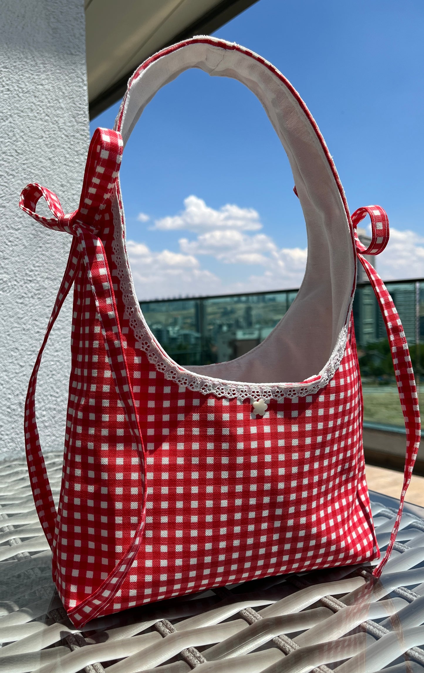 Custom Handmade Red Gingham Bow Hobo Bag with Lace