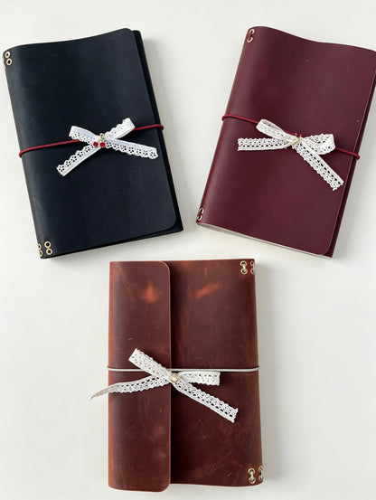 Personalized Burgundy Genuine Leather A5 Journal Cover with Lace Bow, Planner Sleeve, Custom Initials Agenda Bag