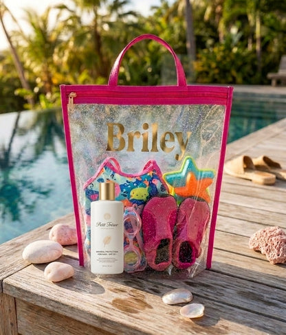 Personalized Clear Beach Bag with Custom Name Foil | Waterproof Family Travel Pouch & Wet Bag Organiser (30x40x6 cm)
