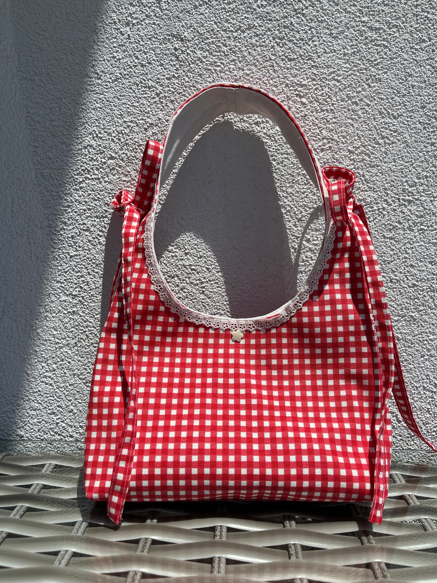 Custom Handmade Red Gingham Bow Hobo Bag with Lace