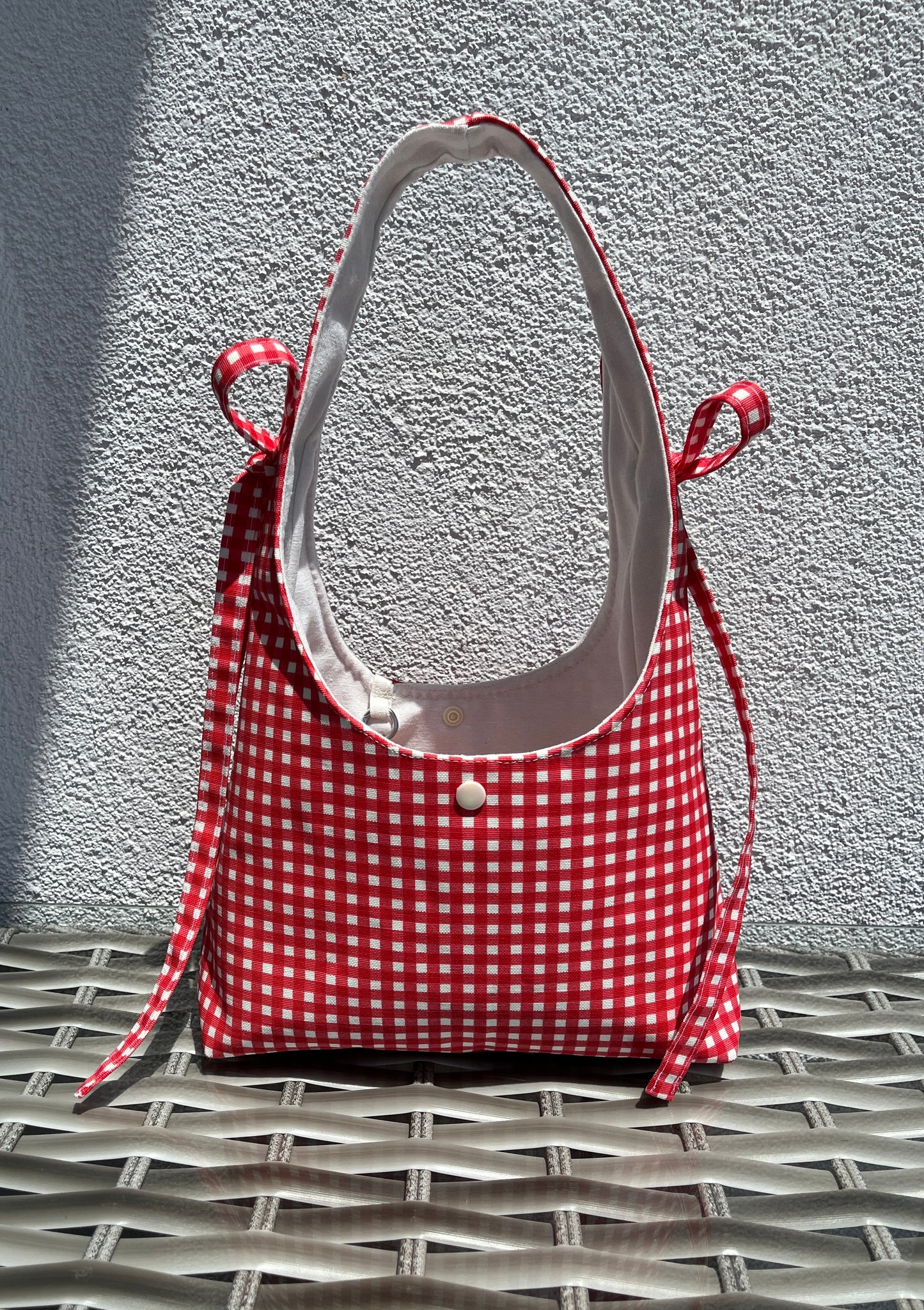 Custom Handmade Red Gingham Bow Hobo Bag with Lace