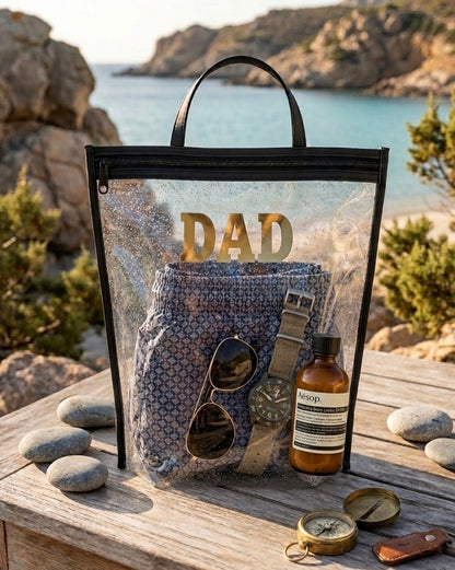 Personalized Clear Beach Bag with Custom Name Foil | Waterproof Family Travel Pouch & Wet Bag Organiser (30x40x6 cm)