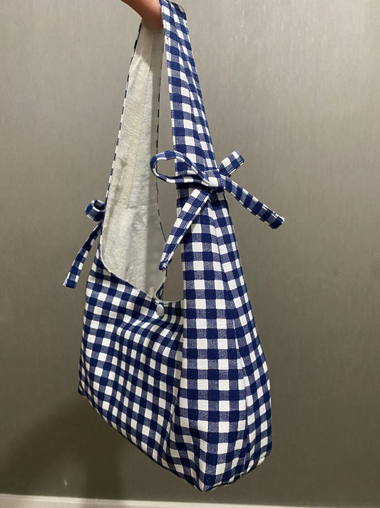 Personalized Gigi Handmade Blue Gingham Checkered Mini Hobo Bag Gift for Her Unique Linen Fabric Shoulder Bag Cottagecore Style Purse Bow
