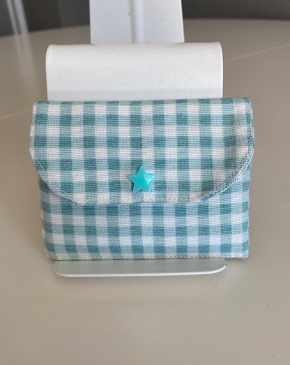 Handmade Gingham Card Holder Keychain: Light Green Padded Fabric Wallet