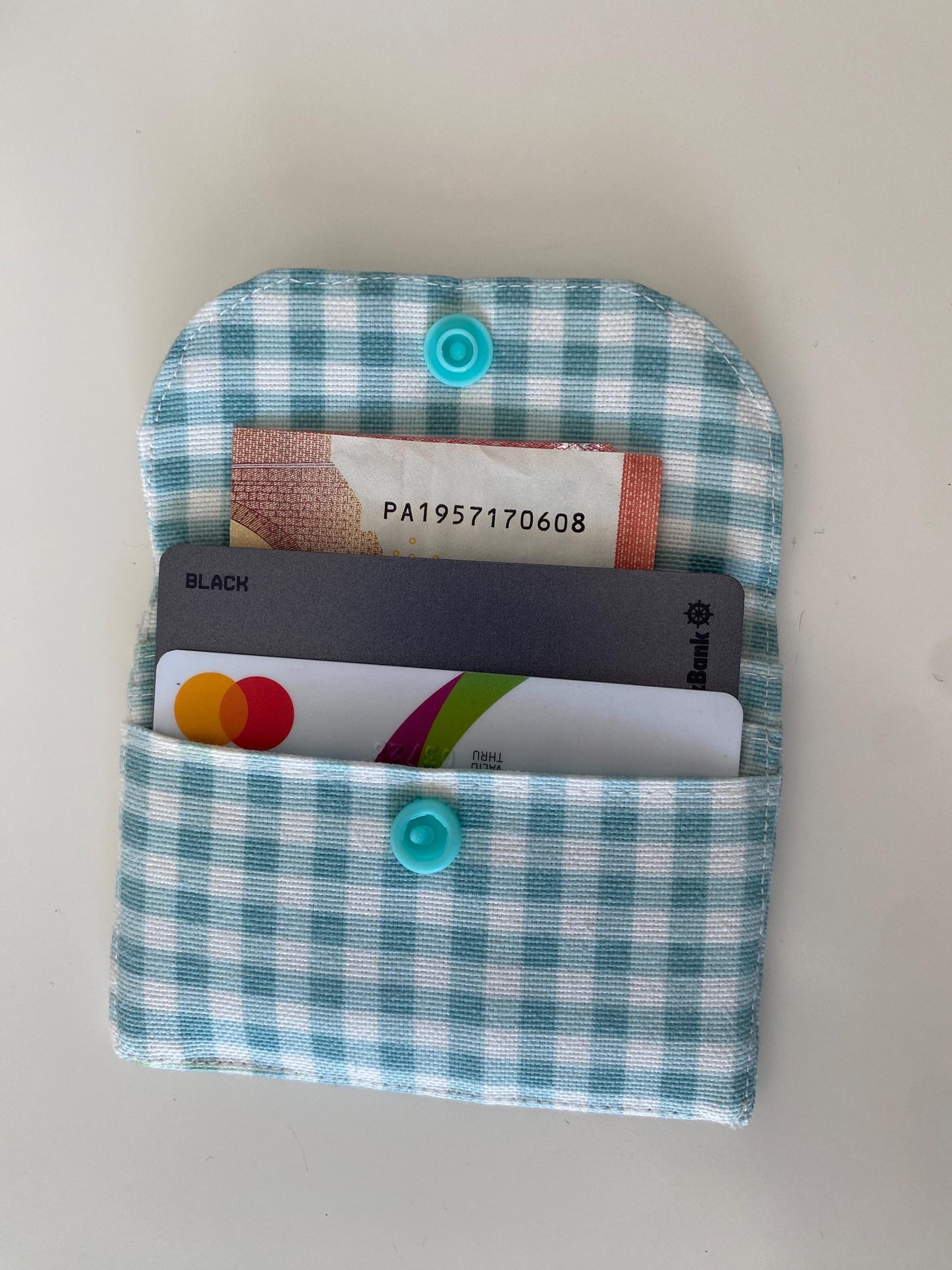 Handmade Gingham Card Holder Keychain: Light Green Padded Fabric Wallet