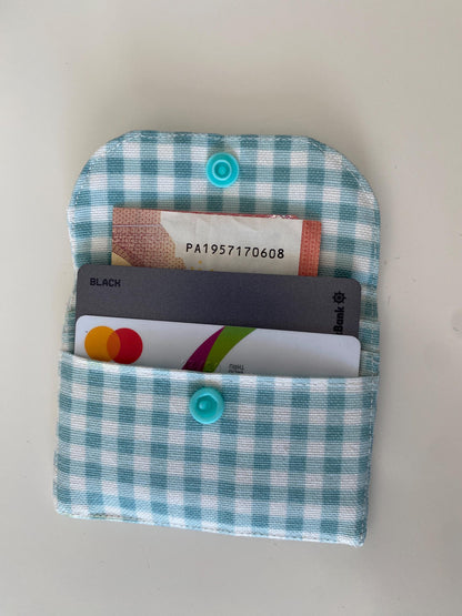 Handmade Gingham Card Holder Keychain: Light Green Padded Fabric Wallet
