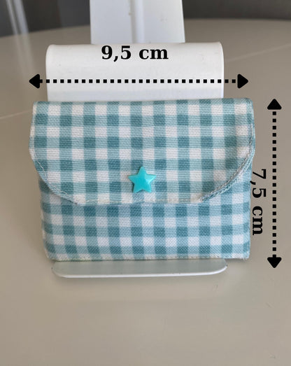Handmade Gingham Card Holder Keychain: Light Green Padded Fabric Wallet