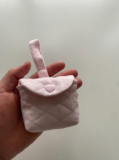 Pink Quilted Coin Purse with Heart Button - Handmade Mini Pouch