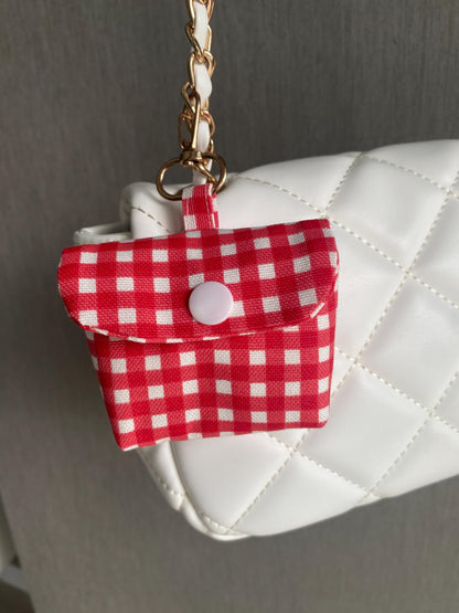 Handmade Blue Gingham AirPods Pouch: Aesthetic Puffy Earbud Case with Snap Padded Tech Accessory Cute Gift for Her