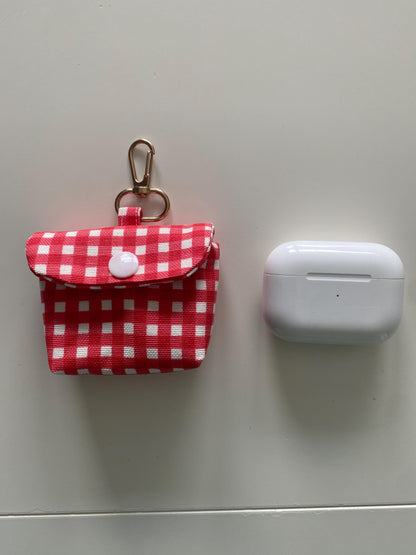 Handmade Blue Gingham AirPods Pouch: Aesthetic Puffy Earbud Case with Snap Padded Tech Accessory Cute Gift for Her