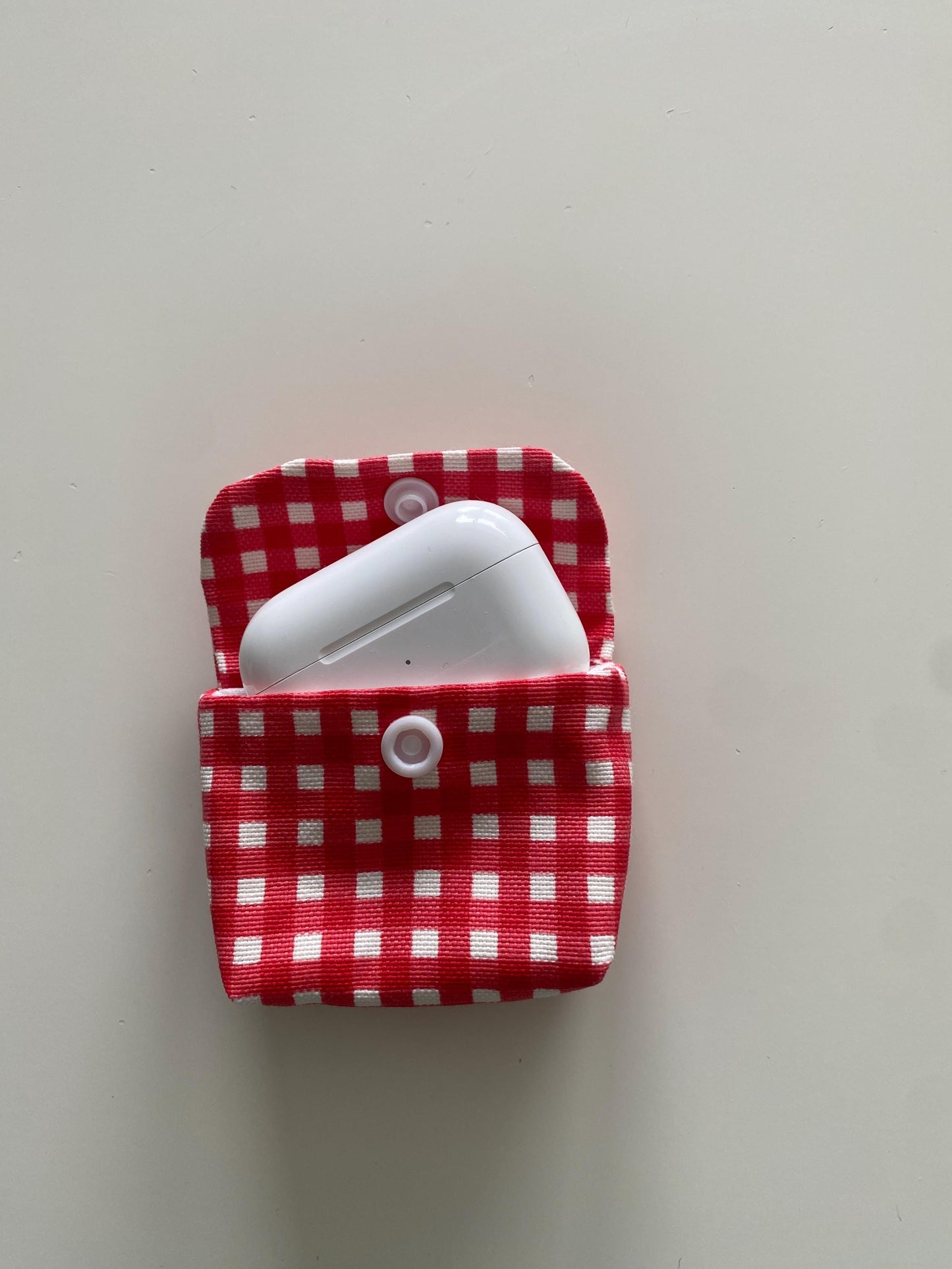 Handmade Blue Gingham AirPods Pouch: Aesthetic Puffy Earbud Case with Snap Padded Tech Accessory Cute Gift for Her