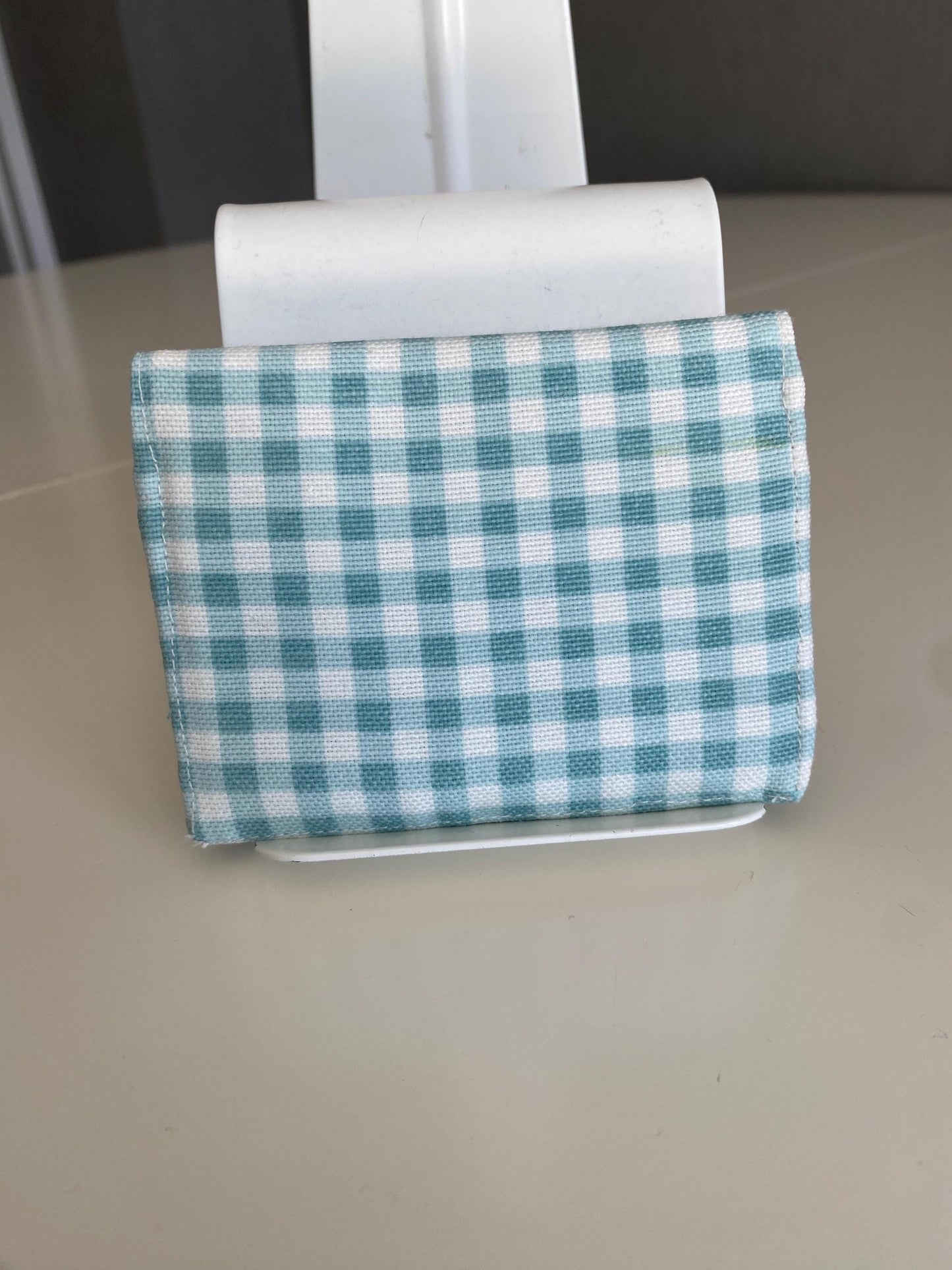 Handmade Gingham Card Holder Keychain: Light Green Padded Fabric Wallet