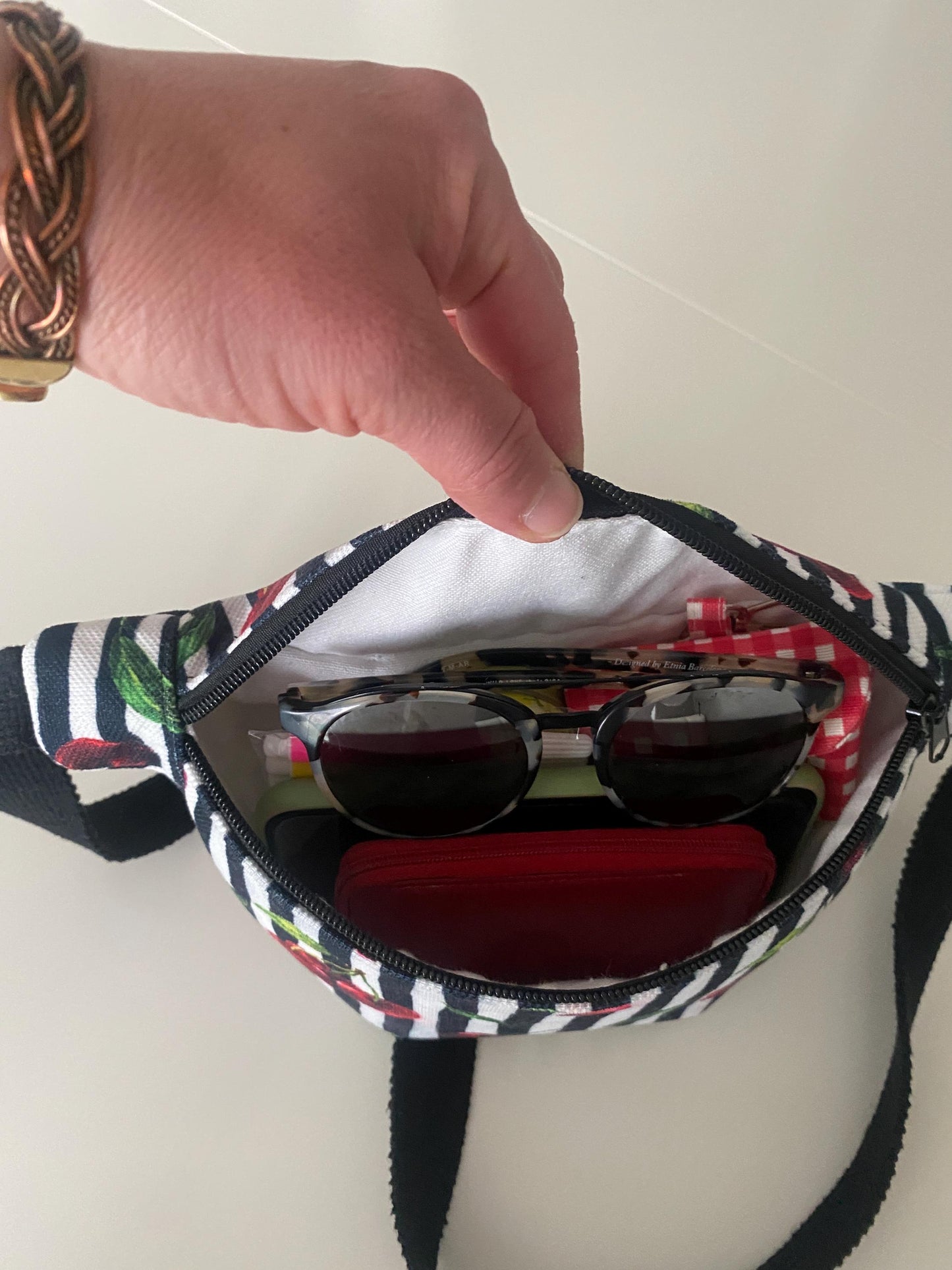 Handmade Cherry Striped Fanny Pack: Vegan Linen Belt Bag