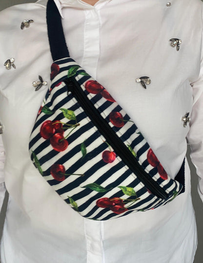 Handmade Cherry Striped Fanny Pack: Vegan Linen Belt Bag