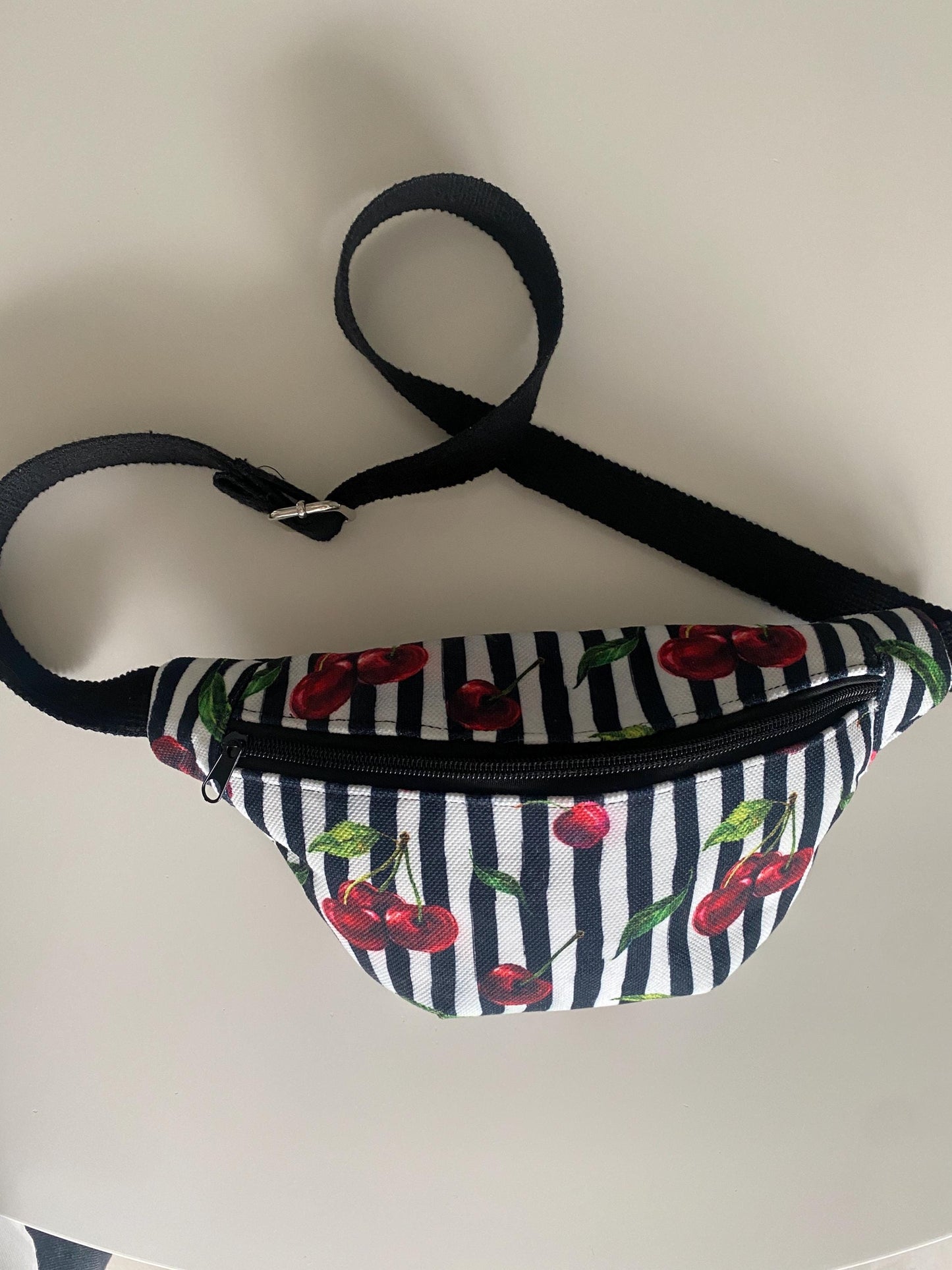 Handmade Cherry Striped Fanny Pack: Vegan Linen Belt Bag