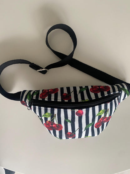 Handmade Cherry Striped Fanny Pack: Vegan Linen Belt Bag