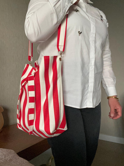Handmade Striped Linen Hobo Bag: Red and Cream Bow Boho Purse