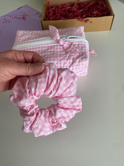 Pink Gingham Gift Box: Quilted Makeup Bag & Scrunchie
