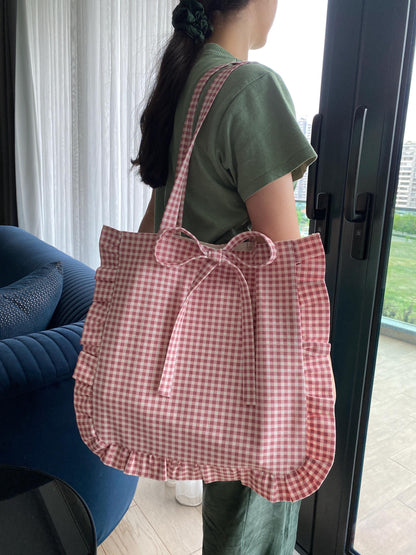 Handmade Pink Gingham Checkered Bow Bag Ruffle Large Tote Bag for Beach Organic Linen Big Bag for Book Lover Cute Adorable Pink Bow Ribbon