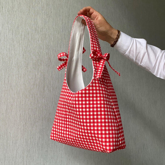 Personalized Handmade Red Gingham Checkered Bow Hobo Bag Gift for Her Unique Linen Fabric Sholuder Bag Cottagecore Style Purse Bow Ribbon