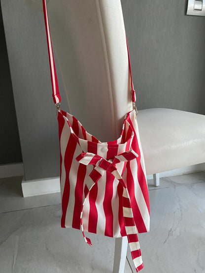 Handmade Striped Linen Hobo Bag: Red and Cream Bow Boho Purse