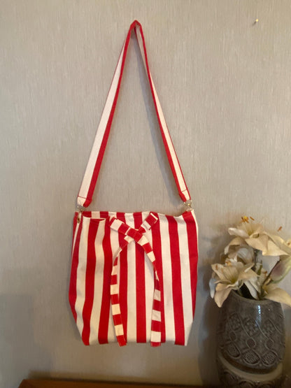 Handmade Striped Linen Hobo Bag: Red and Cream Bow Boho Purse