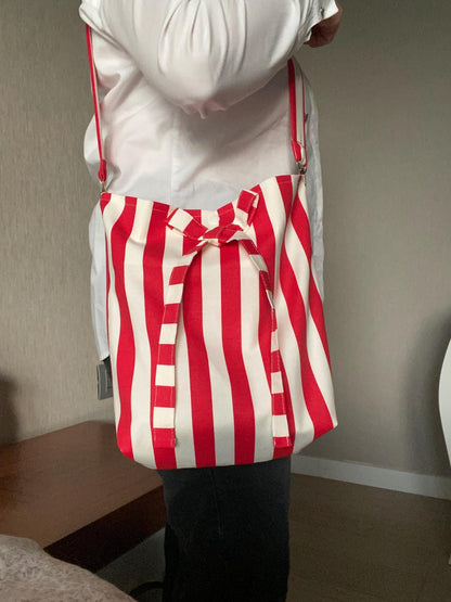 Handmade Striped Linen Hobo Bag: Red and Cream Bow Boho Purse