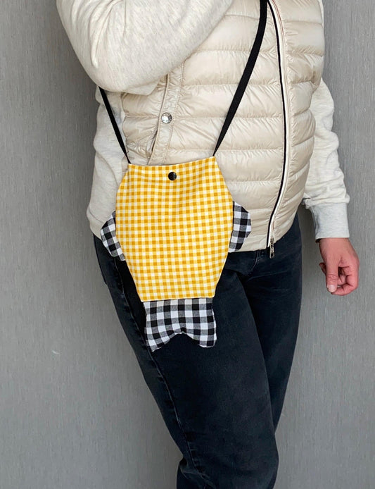 Handmade Gingham Fish Phone Bag: Yellow Linen Crossbody, Cottagecore Style