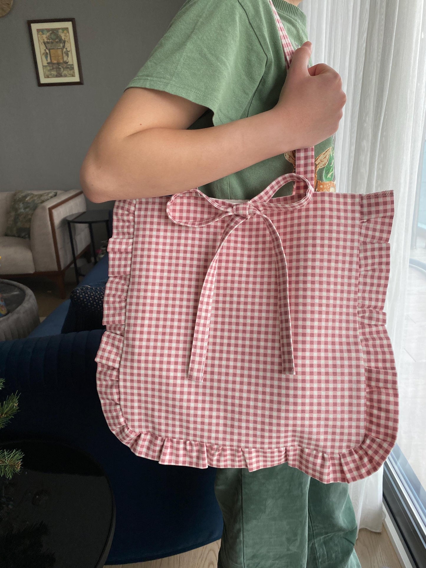 Handmade Pink Gingham Checkered Bow Bag Ruffle Large Tote Bag for Beach Organic Linen Big Bag for Book Lover Cute Adorable Pink Bow Ribbon