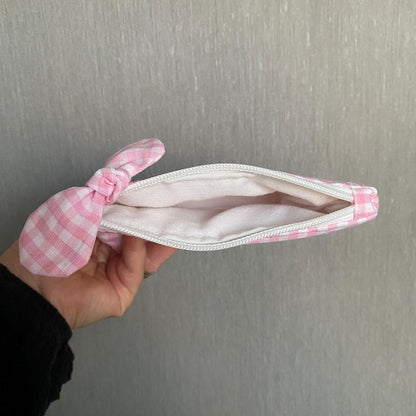 Pink Gingham Quilted Mini Zipper Pouch with Bow - Gift Box