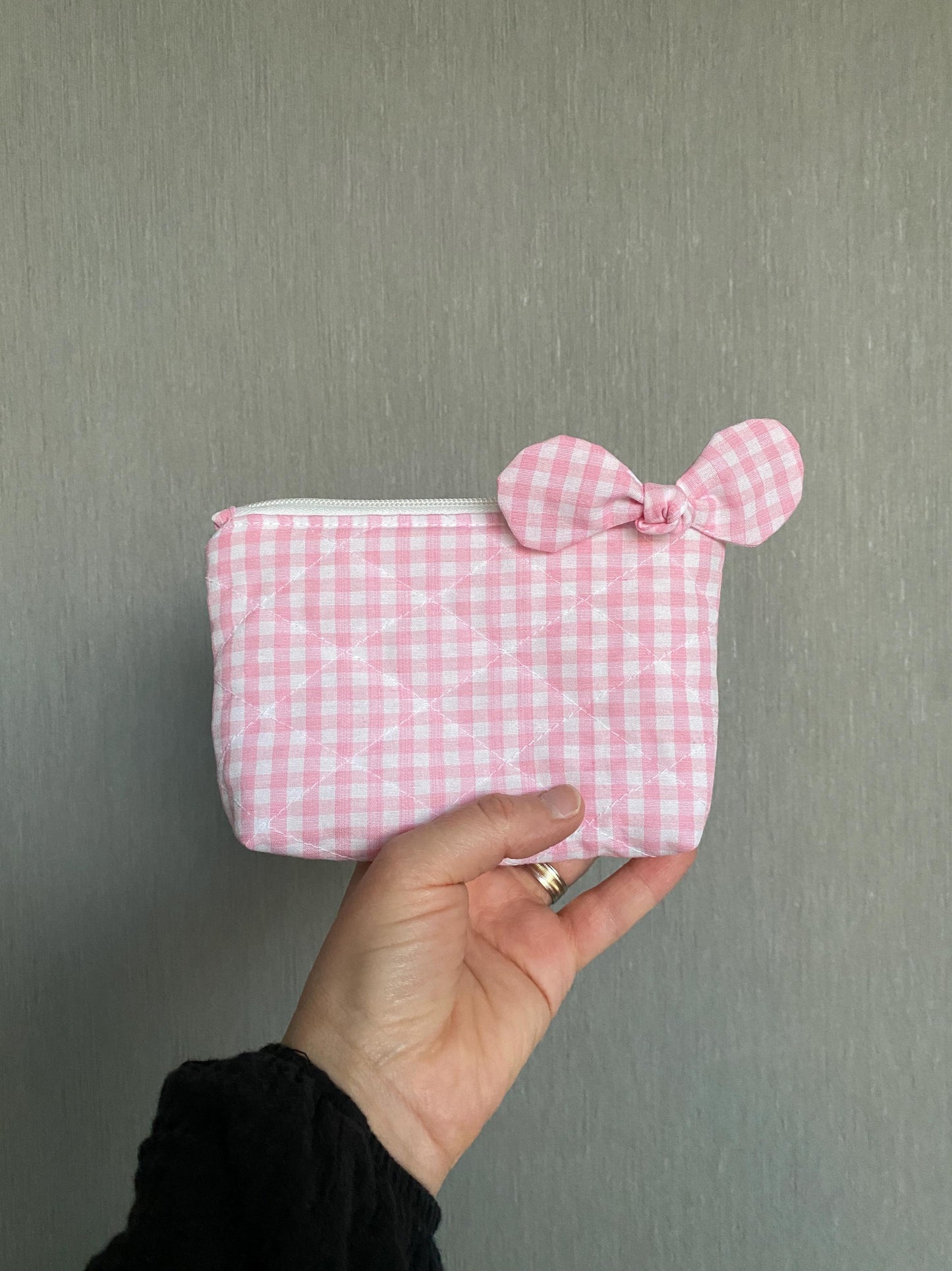 Pink Gingham Quilted Mini Zipper Pouch with Bow - Gift Box