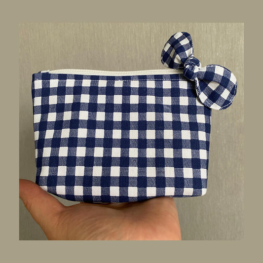 Personalized Handmade Blue Gingham Checkered Bow Mini Makeup Bag Gift for Her Unique Linen Fabric Gift for Bridemaid Cottagecore Style