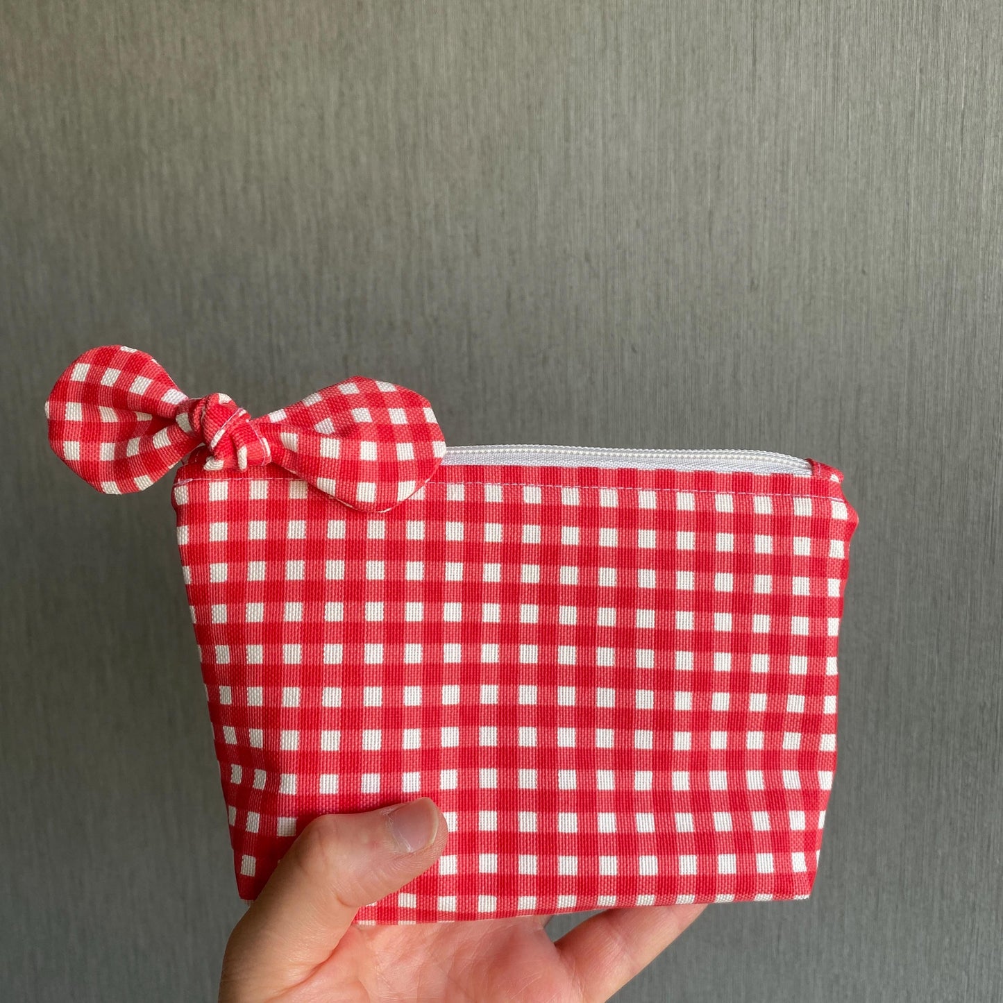 Red Gingham Bow Mini Pouch: Handmade Linen Padded Makeup Bag Christmas gift for her