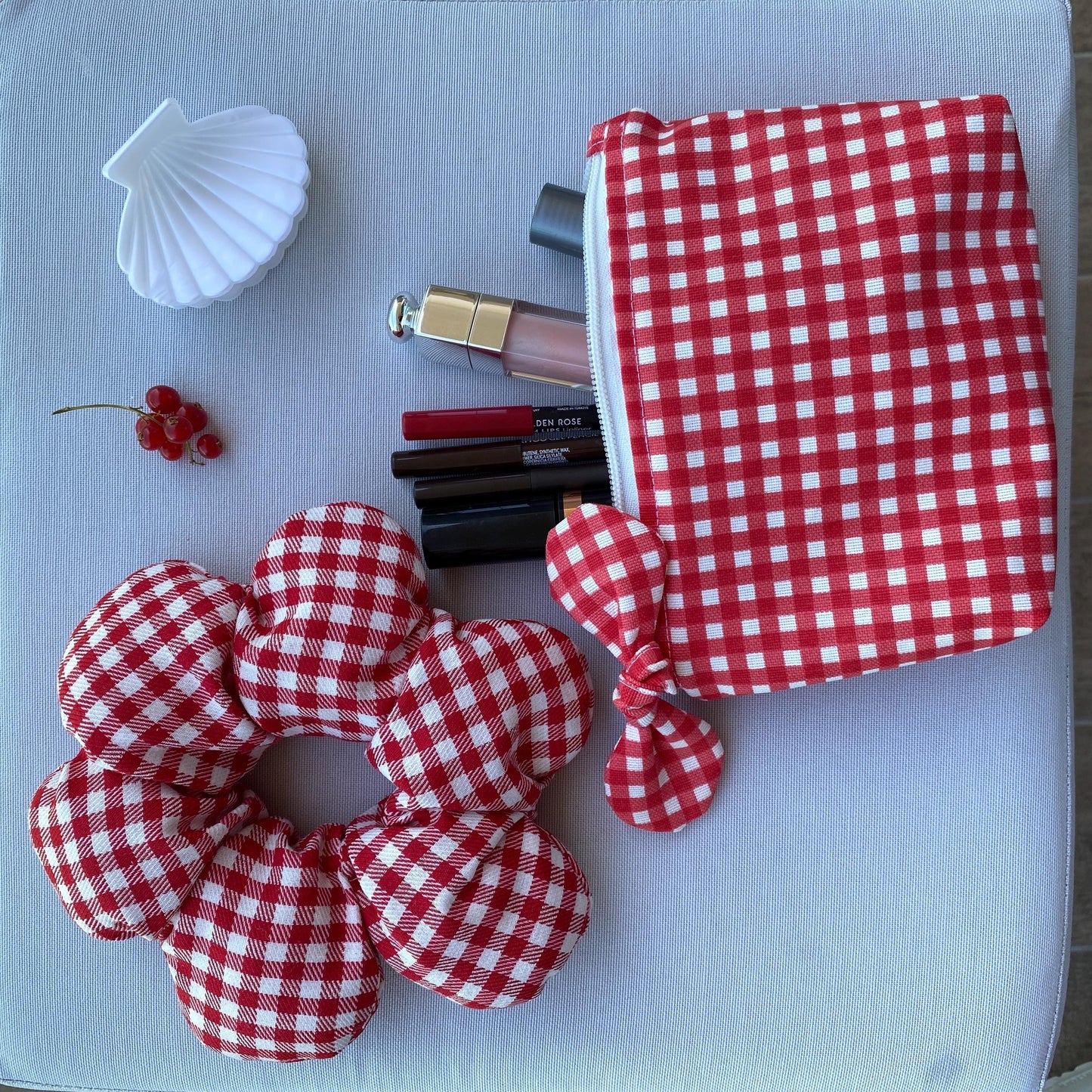 Red Gingham Bow Mini Pouch: Handmade Linen Padded Makeup Bag Christmas gift for her