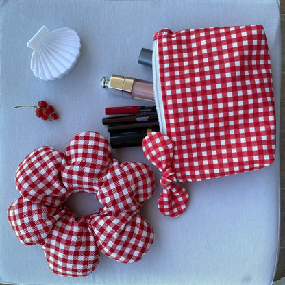 Red Gingham Bow Mini Pouch: Handmade Linen Padded Makeup Bag Christmas gift for her