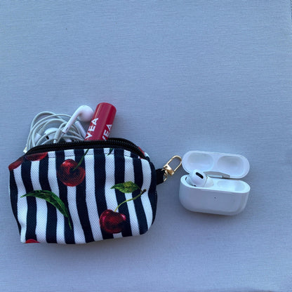 Handmade Cherry Quilted Mini Clutch: Keychain Card Wallet