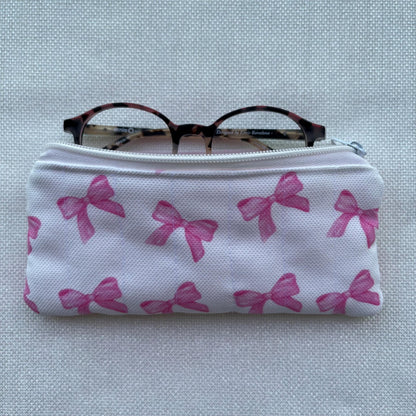 Handmade Quilted Pencil Case: Pink Bow Cotton Zipper Pouch