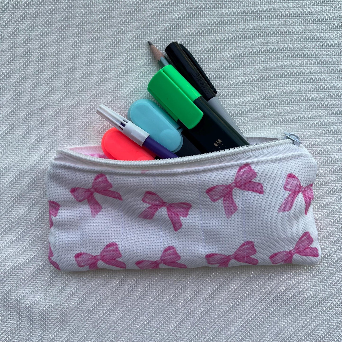 Handmade Quilted Pencil Case: Pink Bow Cotton Zipper Pouch